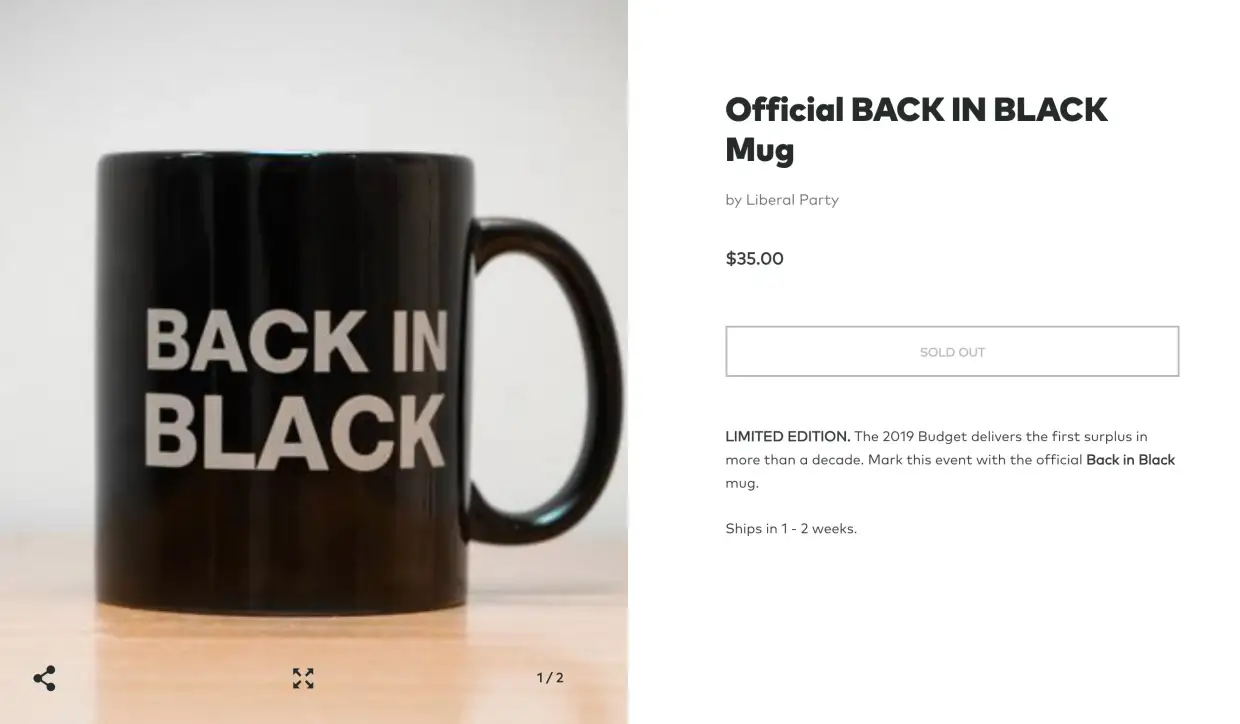 A black "Back in Black" mug sold by the Liberal Party to mark the 2019 budget's forecast surplus.